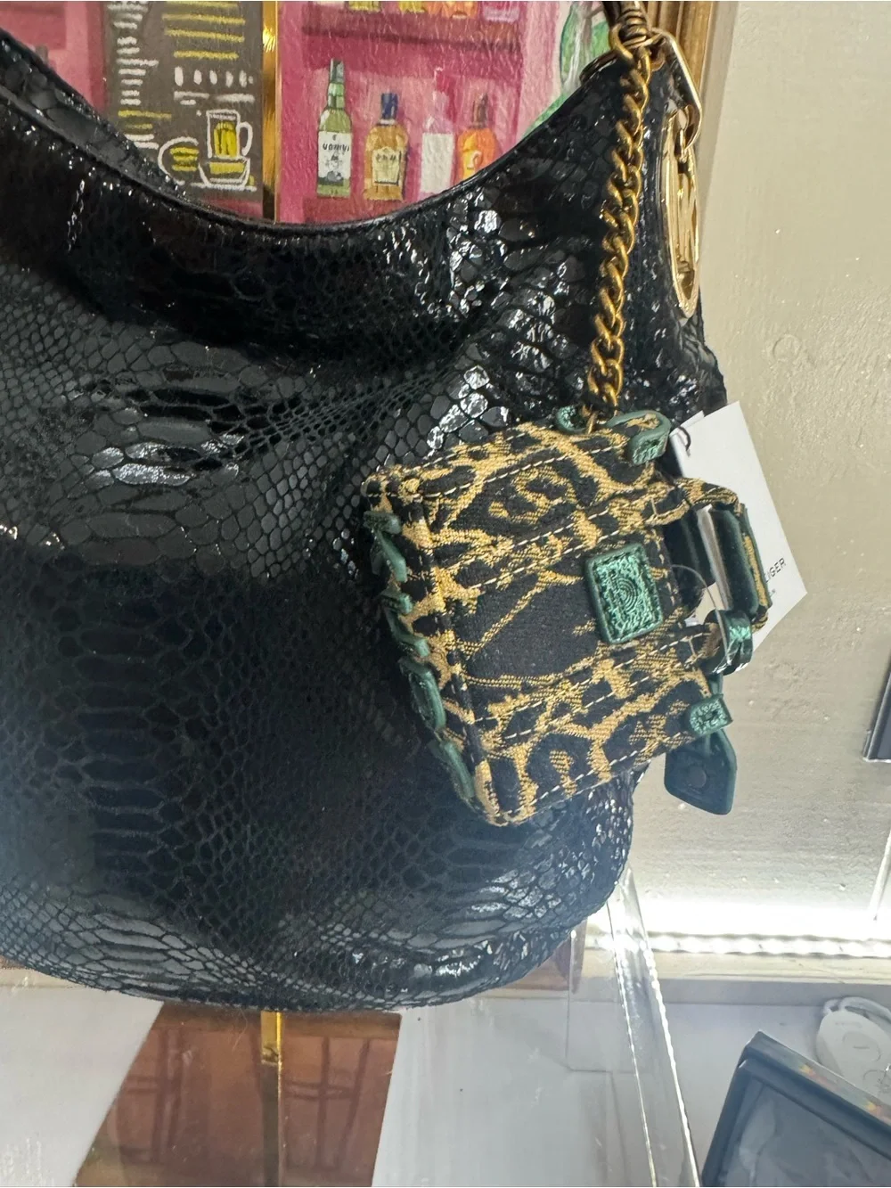 NWT Kurt Geiger Mini Black and Gold Jacquard Top-Handle Mini Tote Bag Charm
